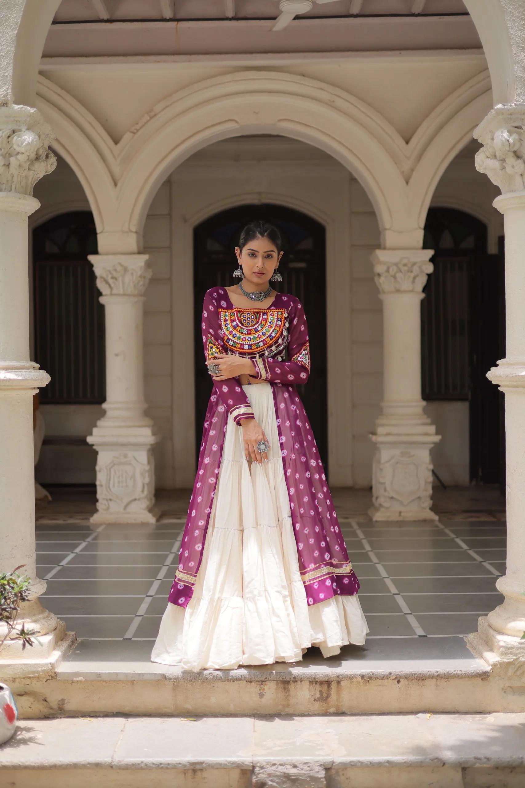 Designer Navratri Kora Cotton Lehenga Choli with Kutchi Work - Image 5 in Surat