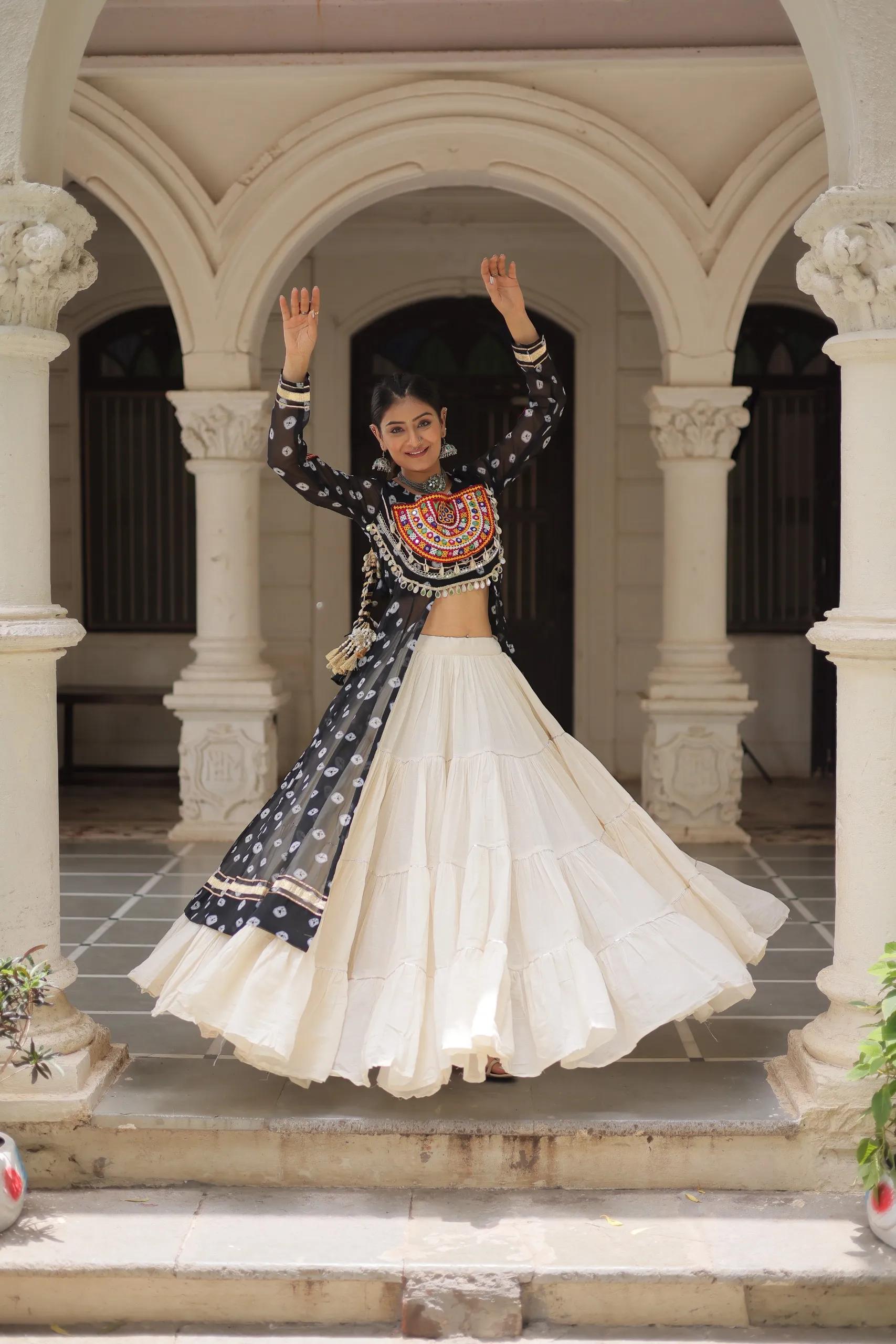 Designer Navratri Kora Cotton Lehenga Choli with Kutchi Work - Image 7 in Surat