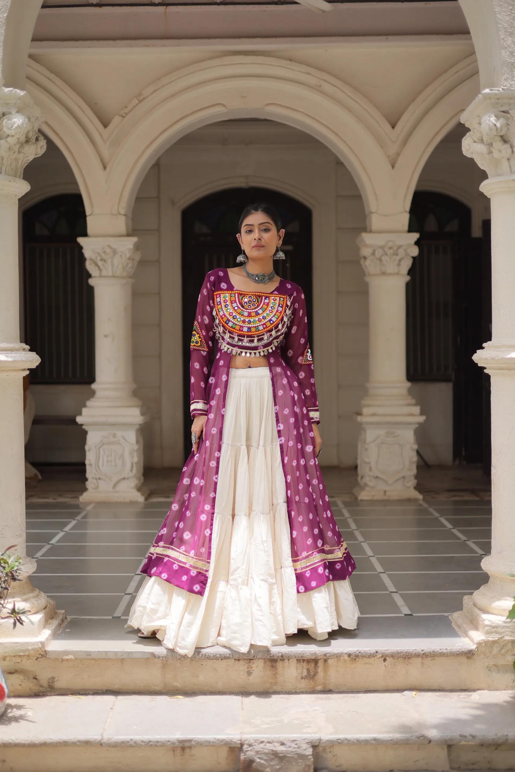 Designer Navratri Kora Cotton Lehenga Choli with Kutchi Work - Image 9 in Surat