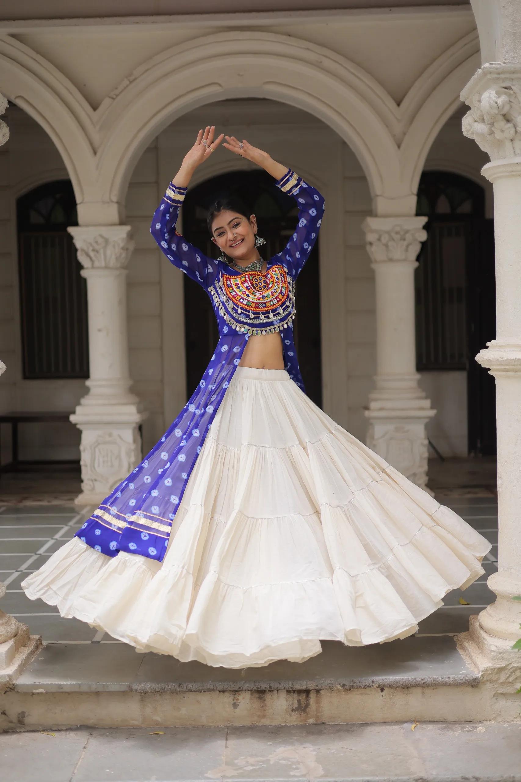 Designer Navratri Kora Cotton Lehenga Choli with Kutchi Work - Image 8 in Surat