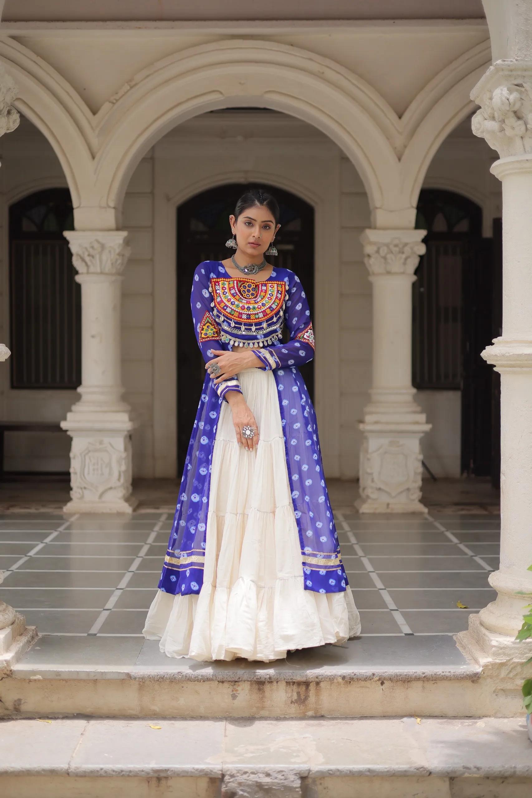 Designer Navratri Kora Cotton Lehenga Choli with Kutchi Work - Image 26 in Surat