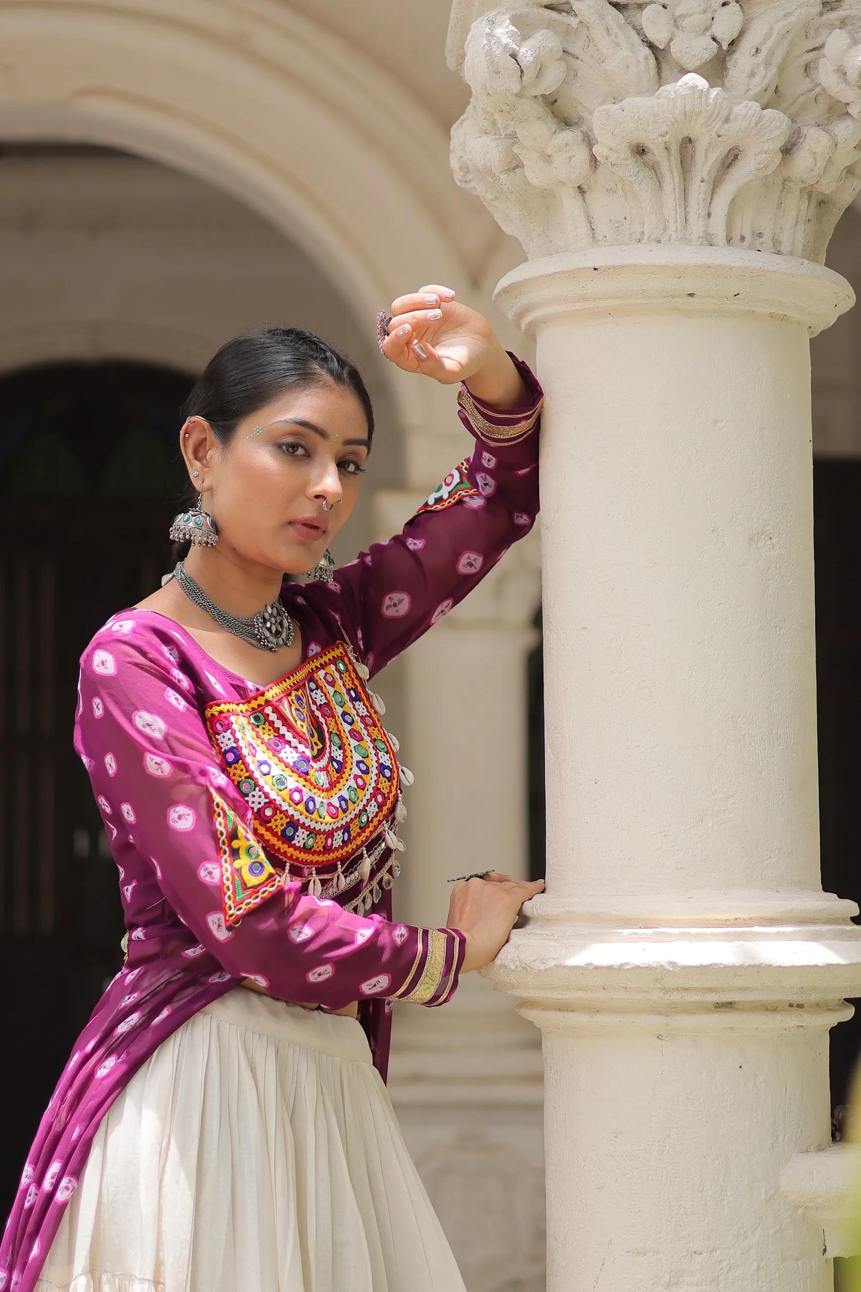 Designer Navratri Kora Cotton Lehenga Choli with Kutchi Work - Image 27 in Surat