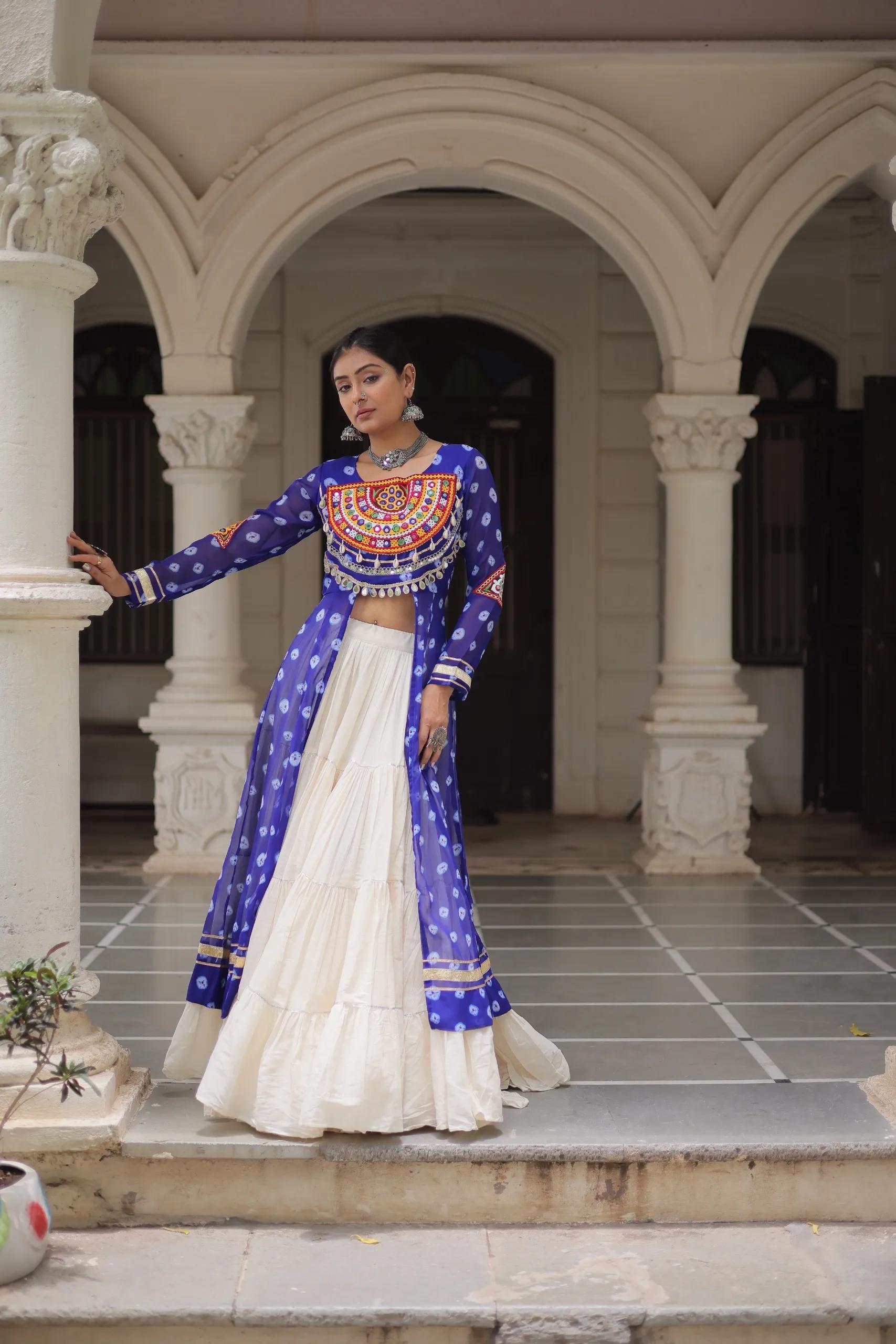Designer Navratri Kora Cotton Lehenga Choli with Kutchi Work - Image 15 in Surat