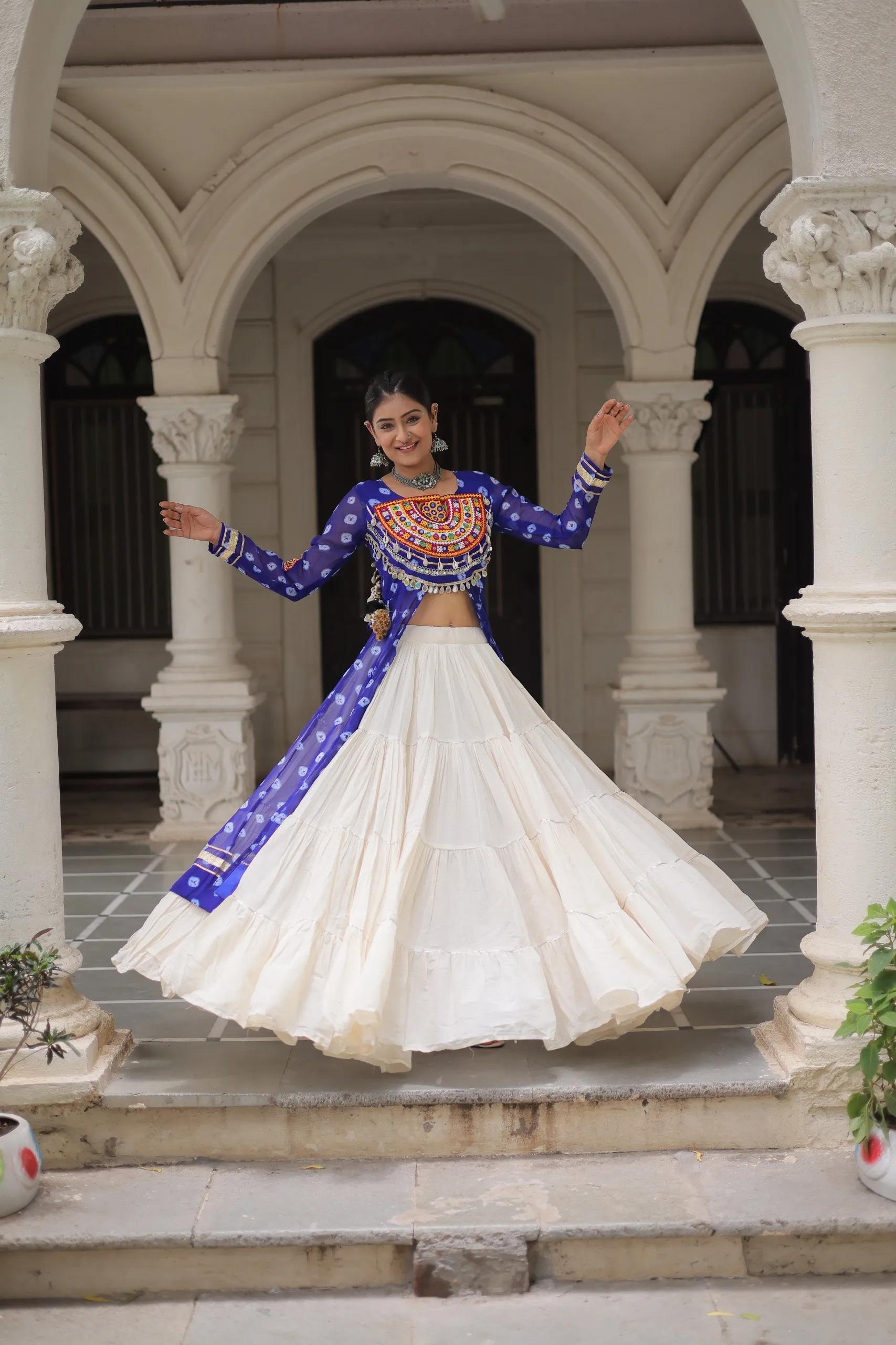 Designer Navratri Kora Cotton Lehenga Choli with Kutchi Work - Image 13 in Surat
