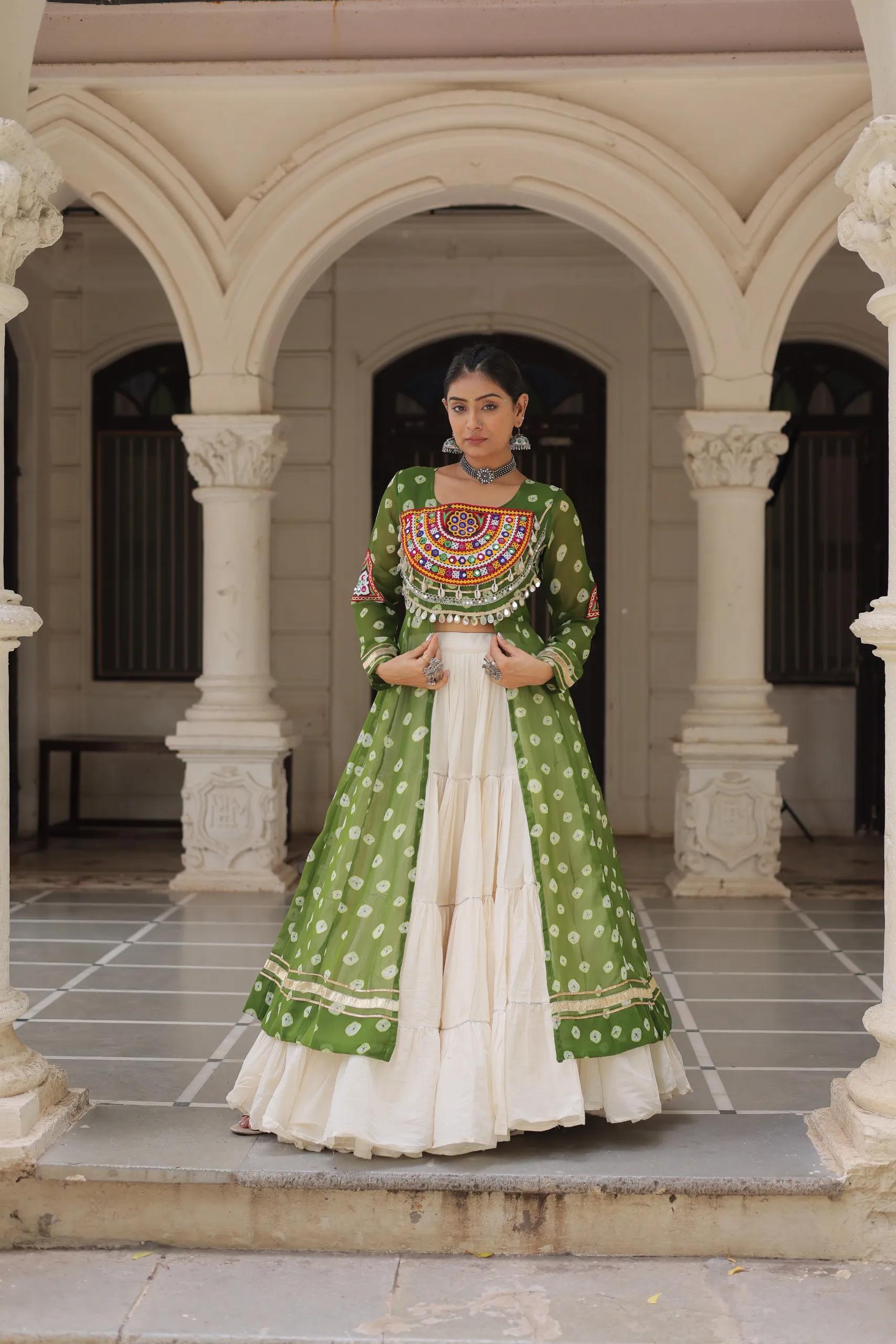 Designer Navratri Kora Cotton Lehenga Choli with Kutchi Work - Image 18 in Surat