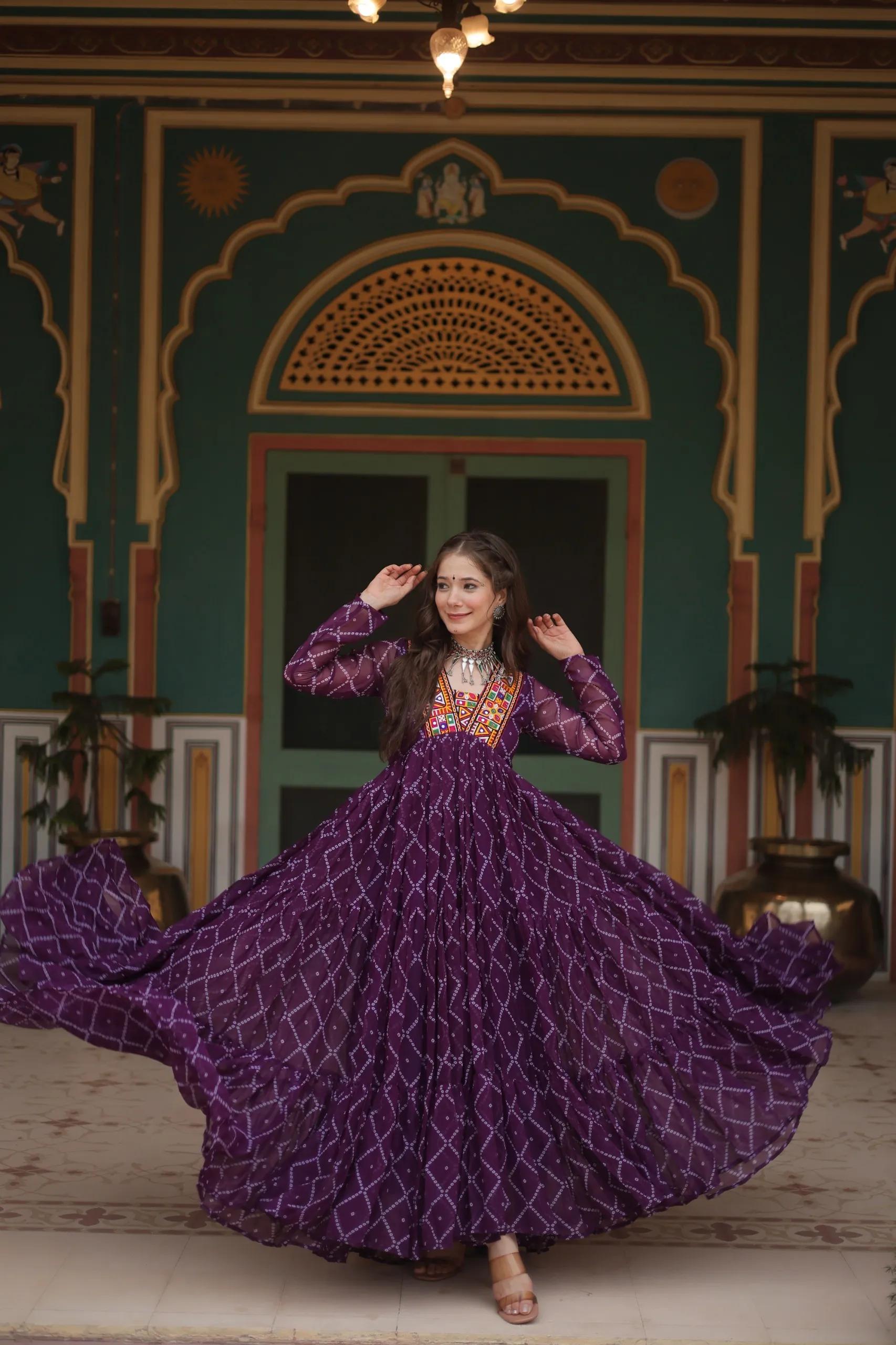 Buy Navratri Bandhani Faux Georgette Gown with Kutchi Patchwork in Surat for 1299 - See photos and details