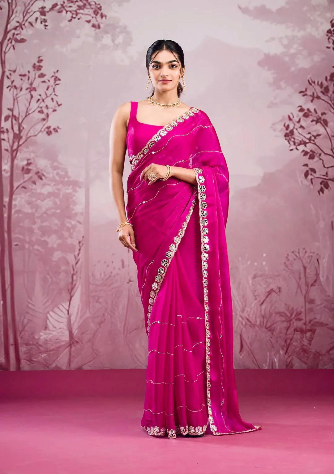 Soft Burberry Silk Party Wear Saree with Mirror Embroidery - Image 3 in Surat