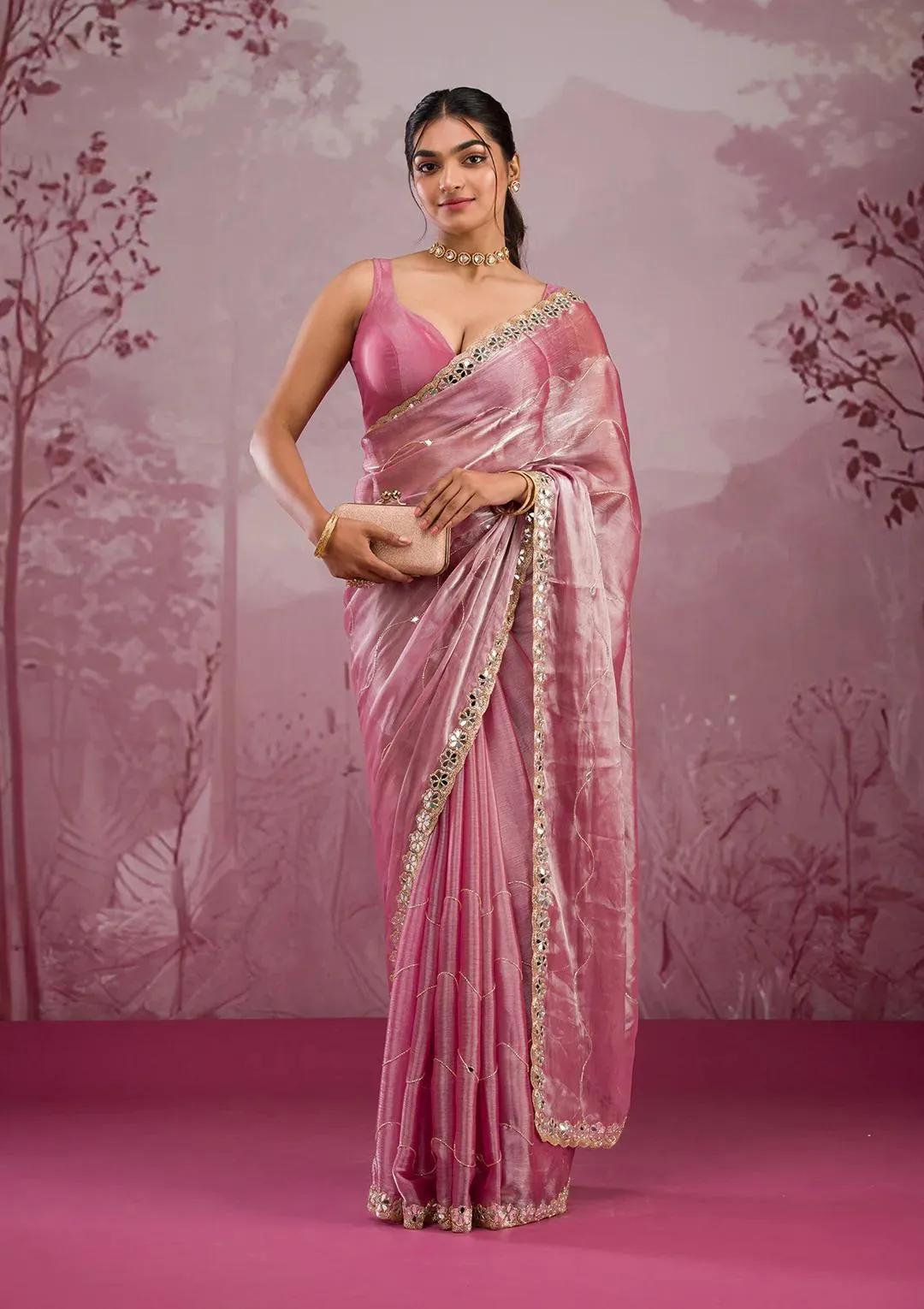 Soft Burberry Silk Party Wear Saree with Mirror Embroidery - Image 2 in Surat