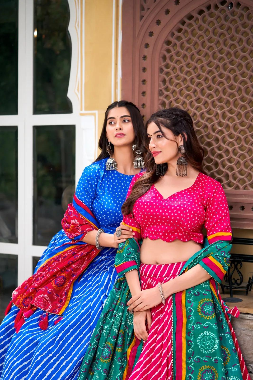 Buy Tussar Silk Lehenga Choli with Leheriya Print & Bandhani Dupatta in Surat | Reseller Bazzar