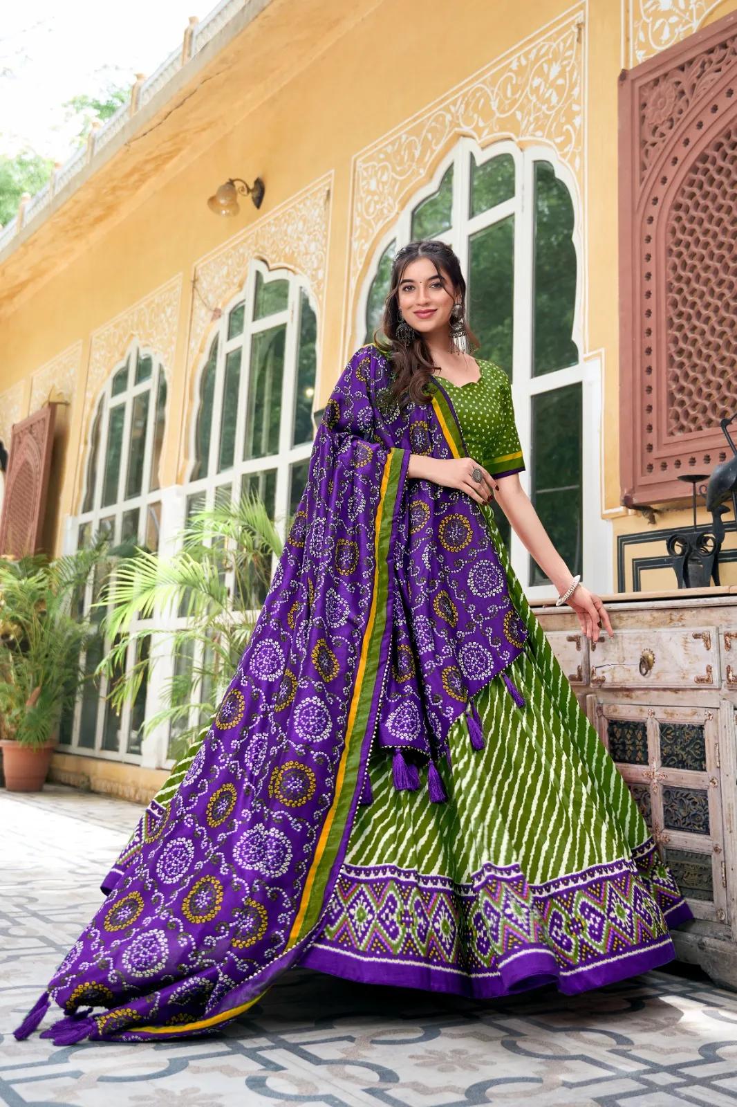 Tussar Silk Lehenga Choli with Leheriya Print & Bandhani Dupatta - Image 2 in Surat