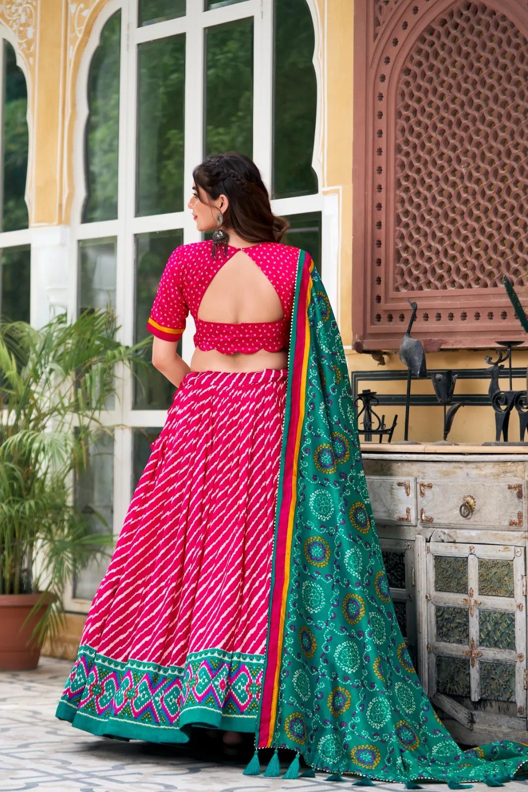 Tussar Silk Lehenga Choli with Leheriya Print & Bandhani Dupatta - Image 9 in Surat