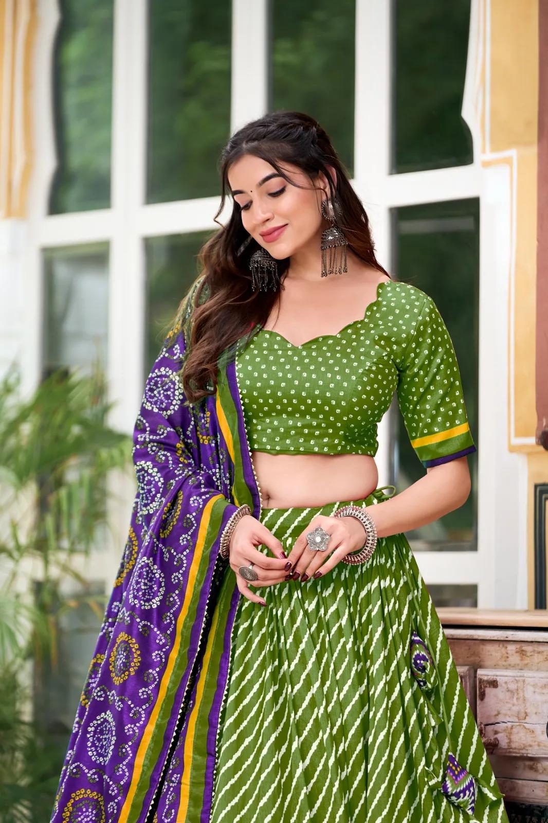 Tussar Silk Lehenga Choli with Leheriya Print & Bandhani Dupatta - Image 10 in Surat