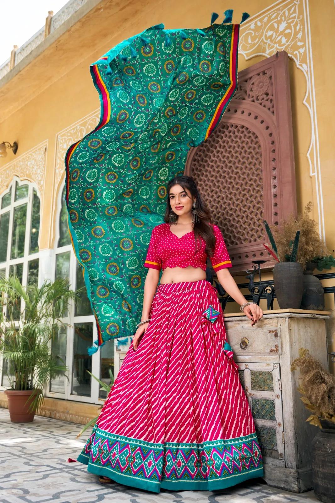 Tussar Silk Lehenga Choli with Leheriya Print & Bandhani Dupatta - Image 4 in Surat