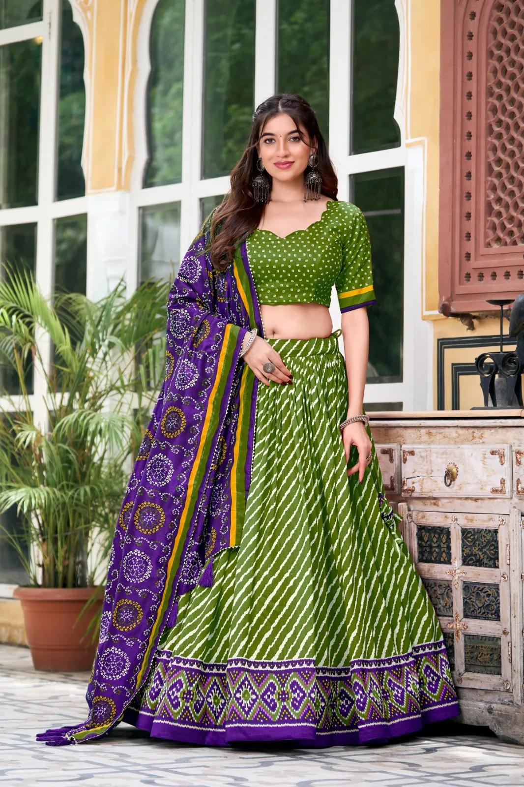Tussar Silk Lehenga Choli with Leheriya Print & Bandhani Dupatta - Image 5 in Surat