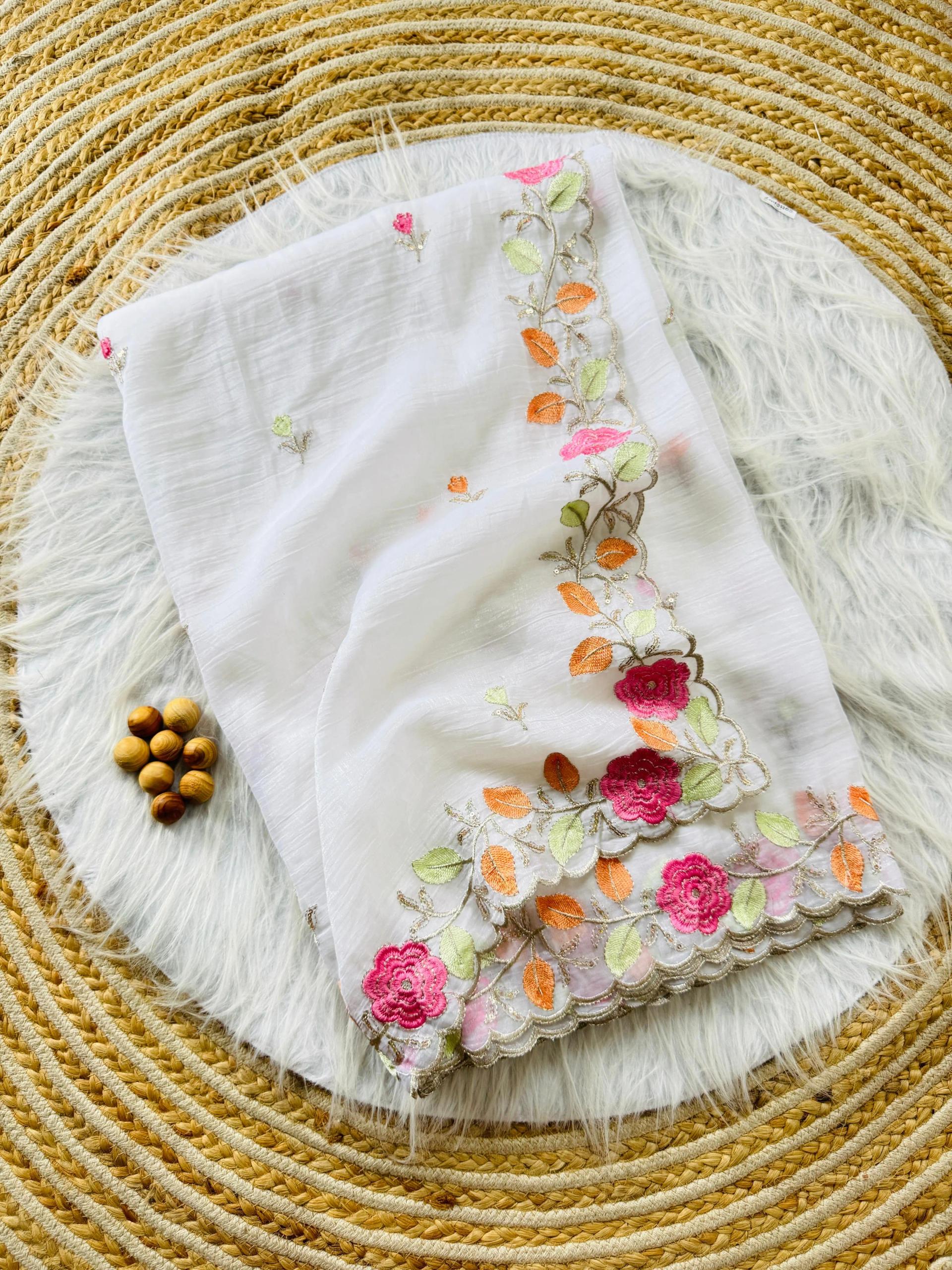 Dual Tone Silk Saree with Silver Thread Floral Embroidery - Image 9 in Surat