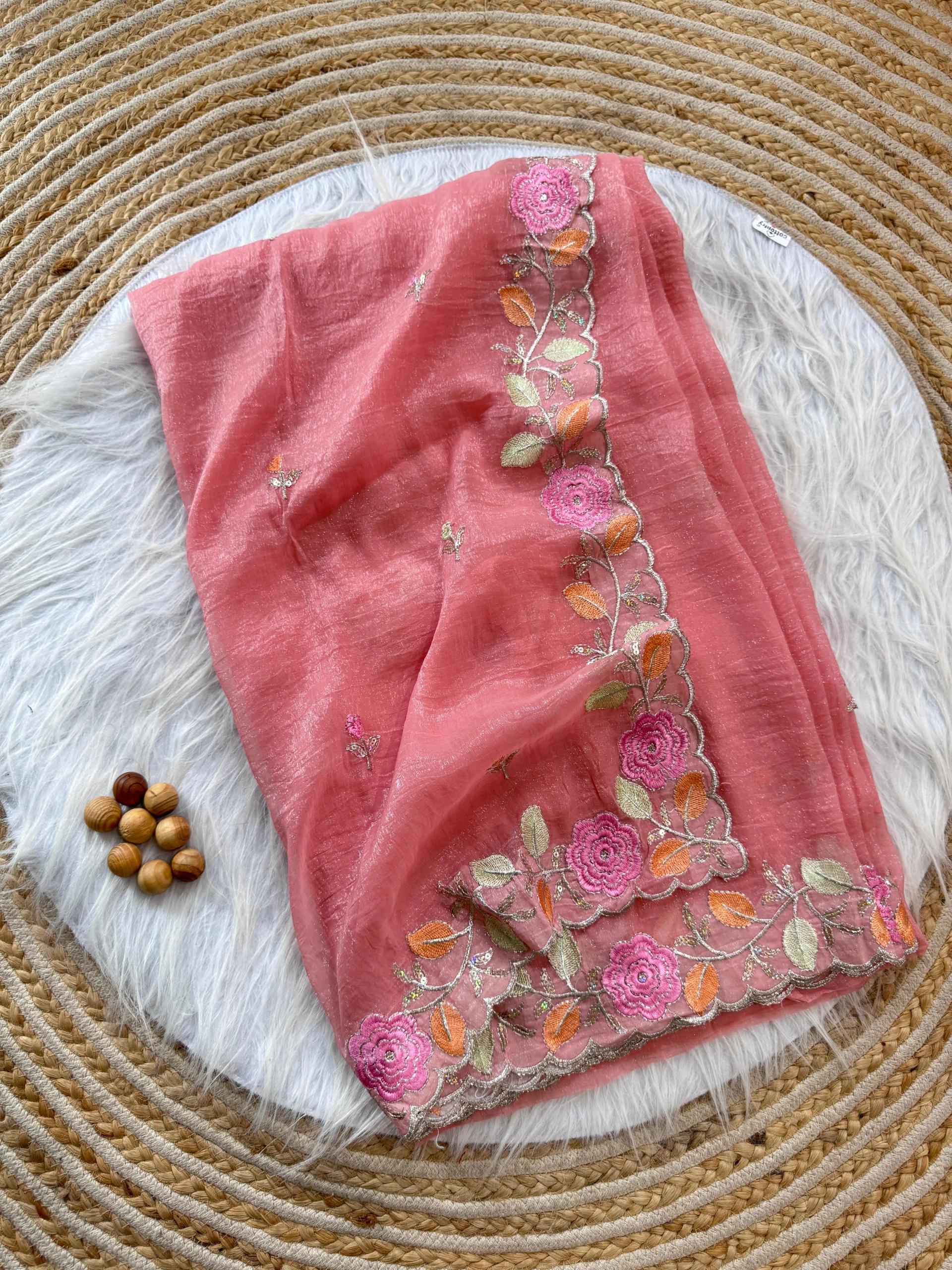 Dual Tone Silk Saree with Silver Thread Floral Embroidery - Image 18 in Surat