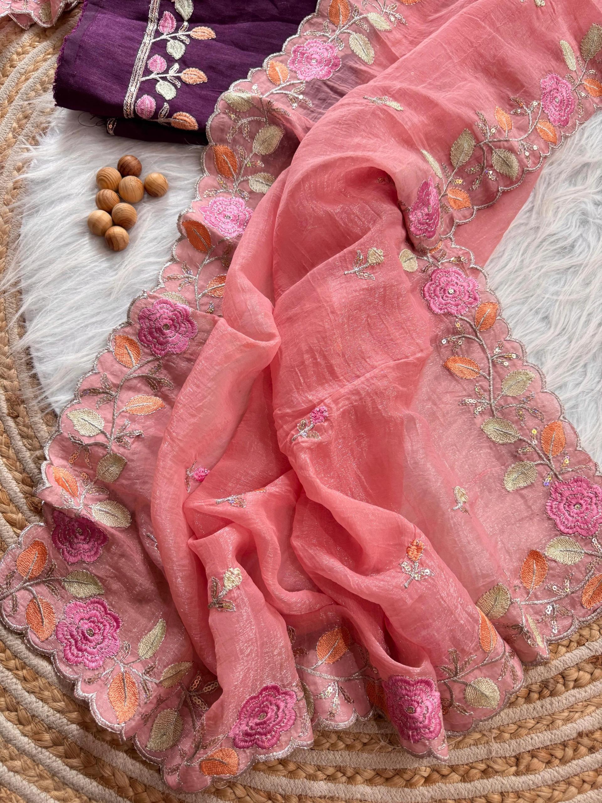 Dual Tone Silk Saree with Silver Thread Floral Embroidery - Image 22 in Surat