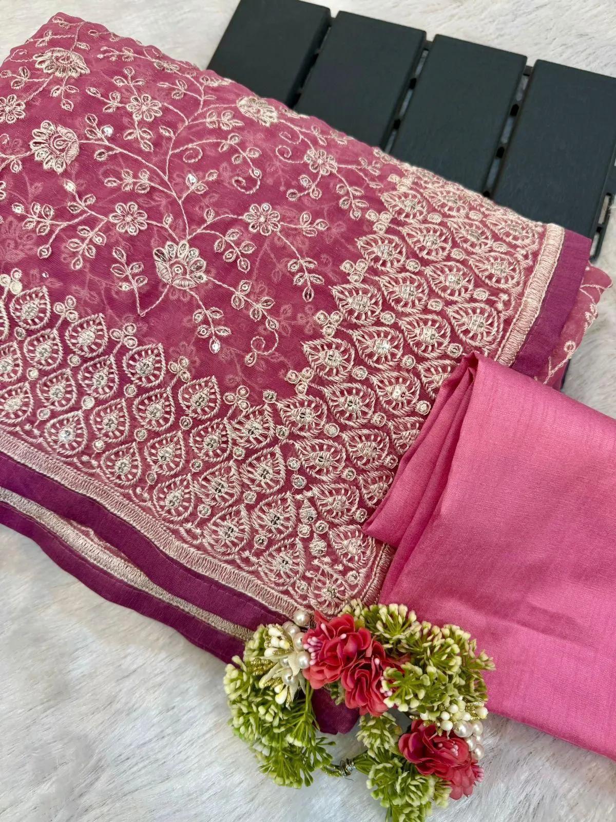 Shimmer Silk Chikankari Work Saree with Sequence & Blouse - Image 14 in Surat