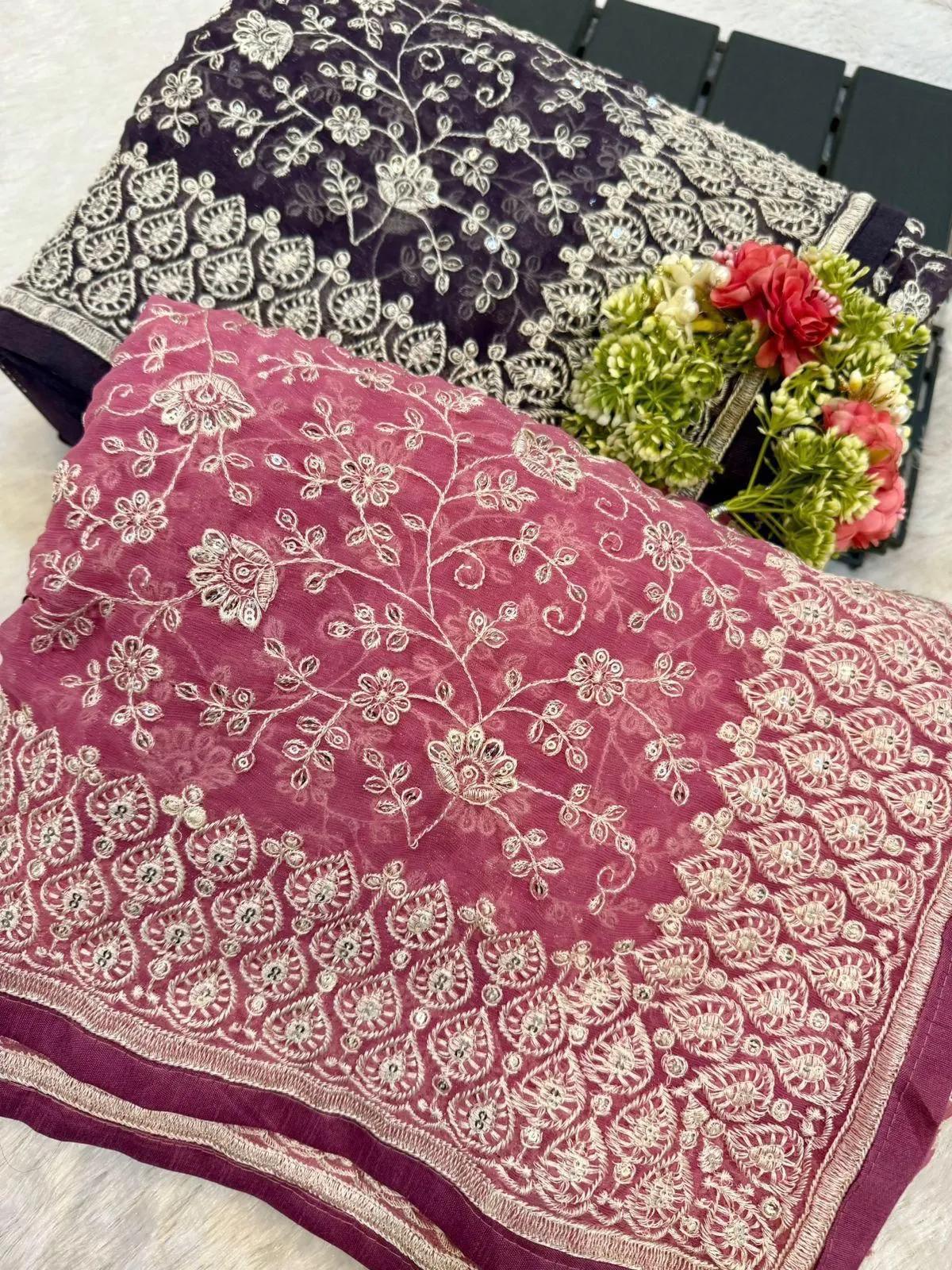 Shimmer Silk Chikankari Work Saree with Sequence & Blouse - Image 12 in Surat