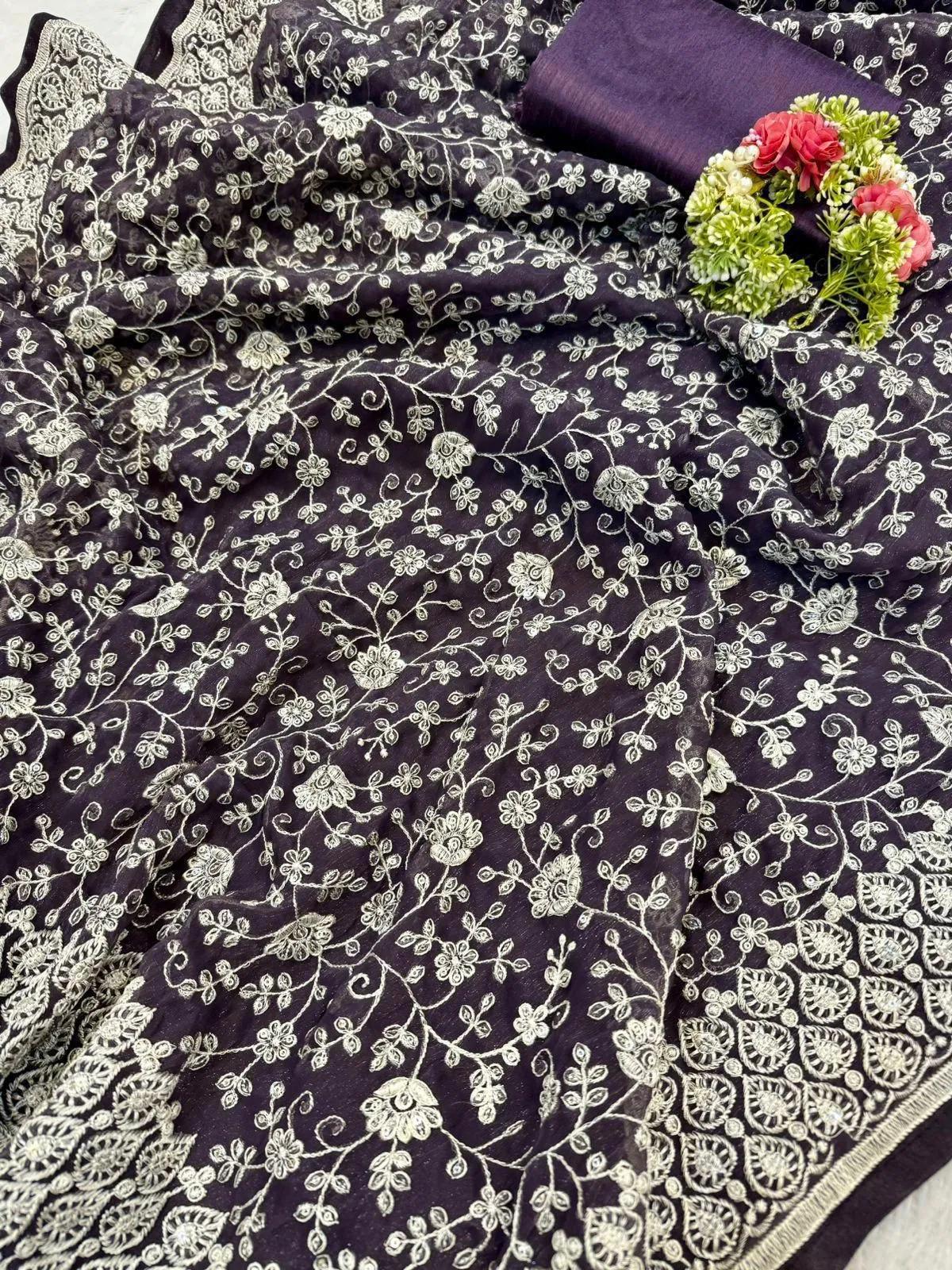Shimmer Silk Chikankari Work Saree with Sequence & Blouse - Image 11 in Surat