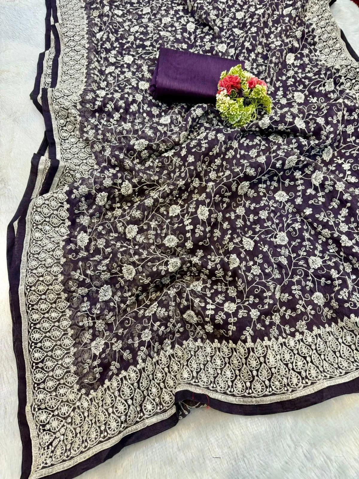 Shimmer Silk Chikankari Work Saree with Sequence & Blouse - Image 9 in Surat