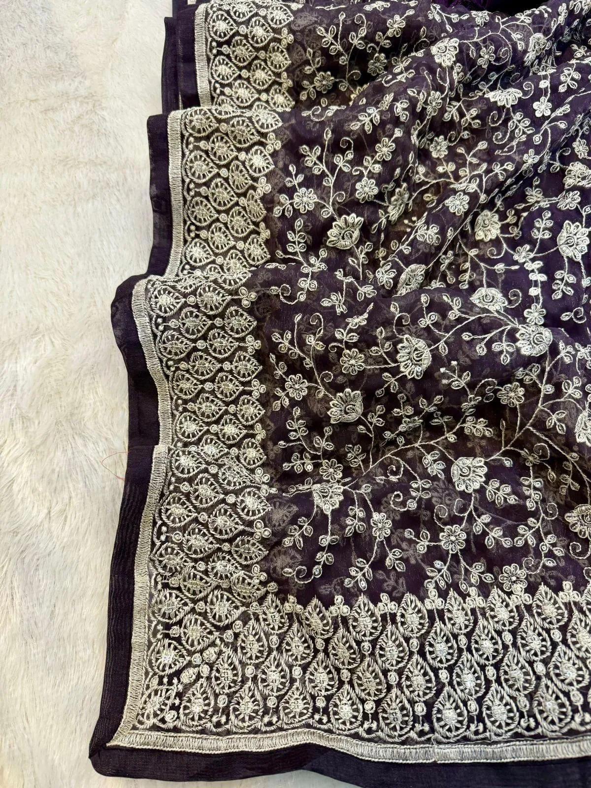 Shimmer Silk Chikankari Work Saree with Sequence & Blouse - Image 10 in Surat