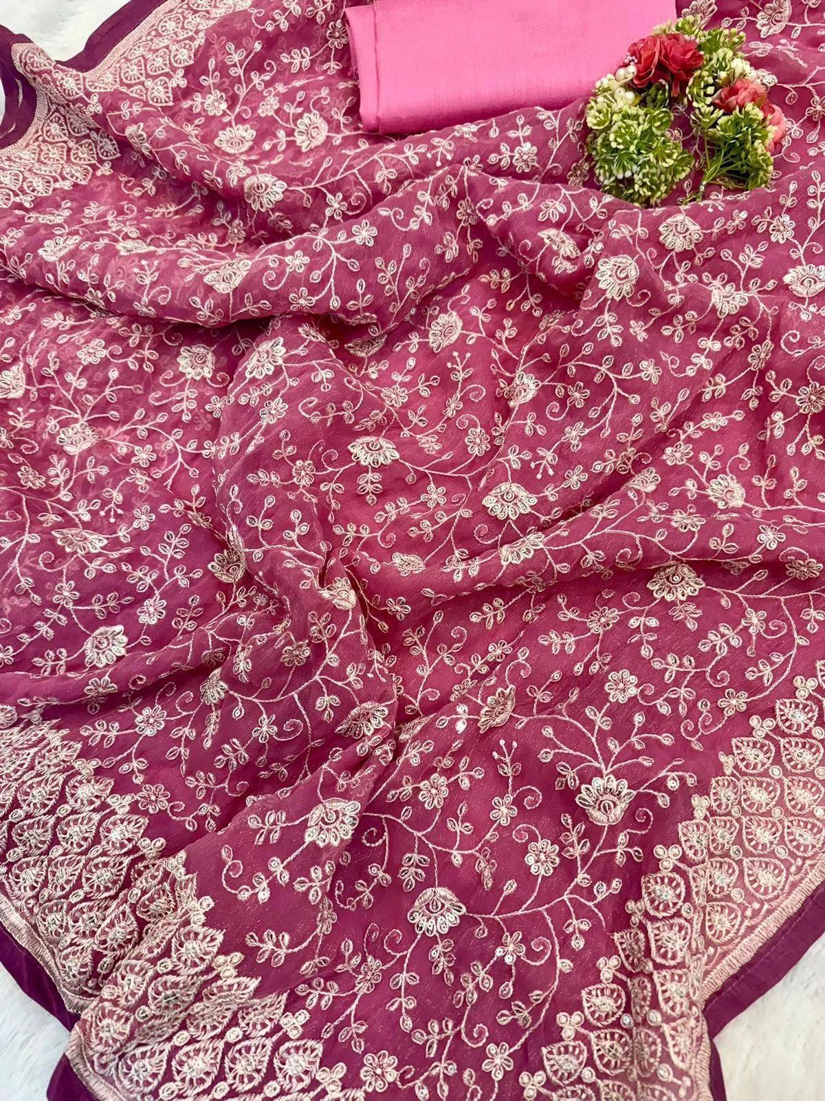 Shimmer Silk Chikankari Work Saree with Sequence & Blouse - Image 8 in Surat