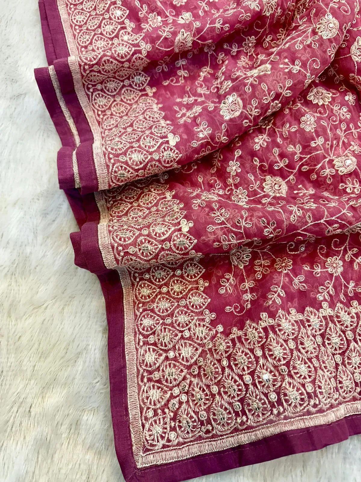 Shimmer Silk Chikankari Work Saree with Sequence & Blouse - Image 7 in Surat