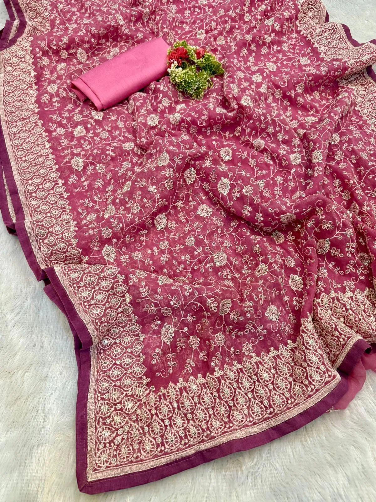 Shimmer Silk Chikankari Work Saree with Sequence & Blouse - Image 6 in Surat