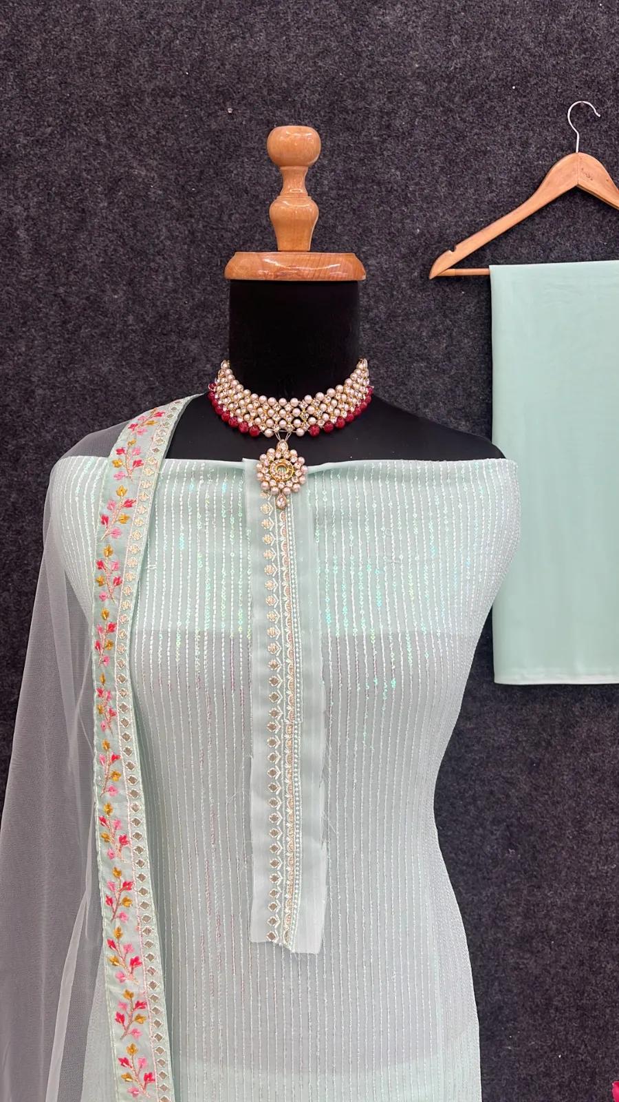 Silk Semi-Stitched Wedding Dress Material with Embroidery - Image 9 in Surat