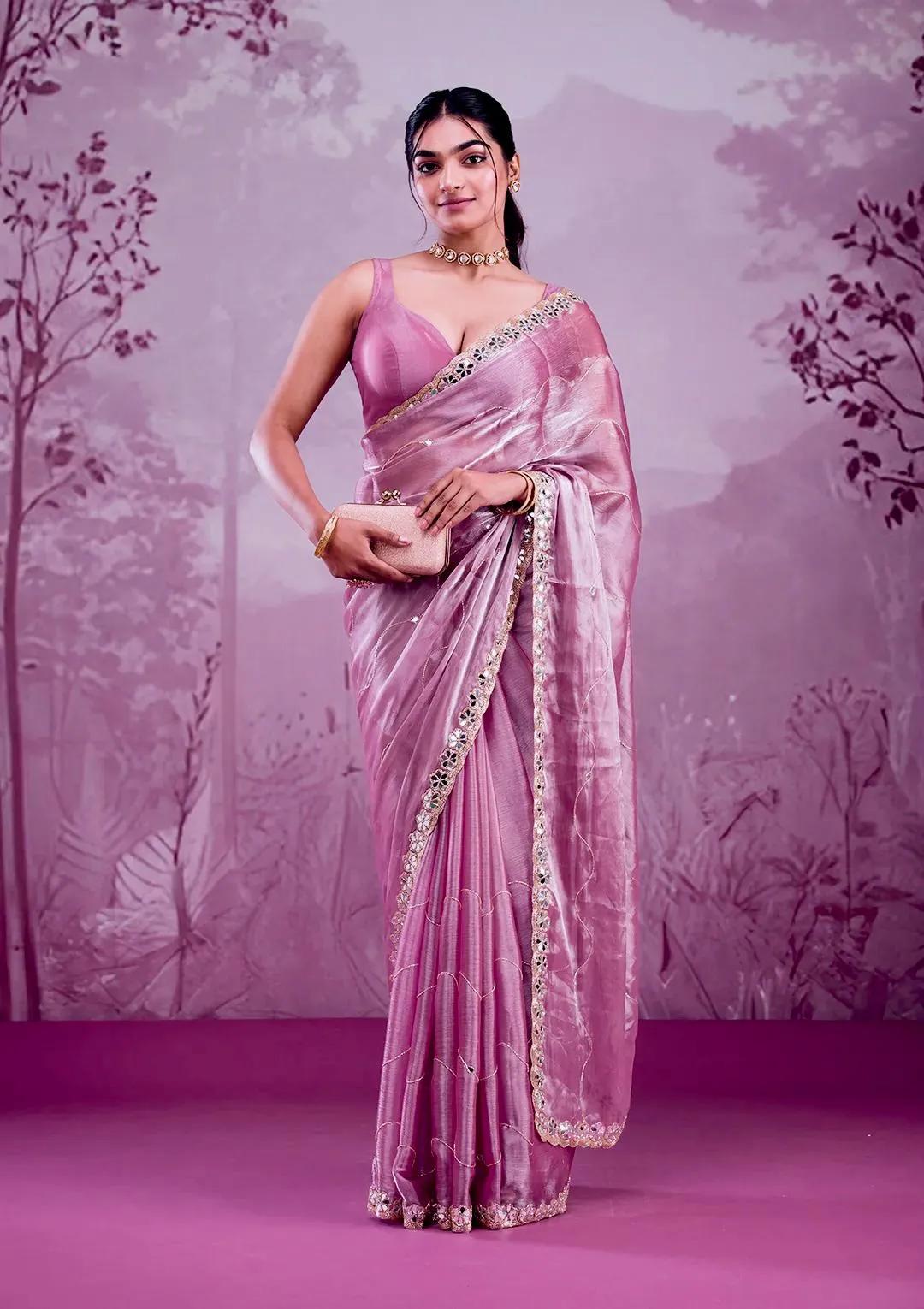 Party Wear Silk Saree with Mirror Hand Work & Embroidery - Image 5 in Surat