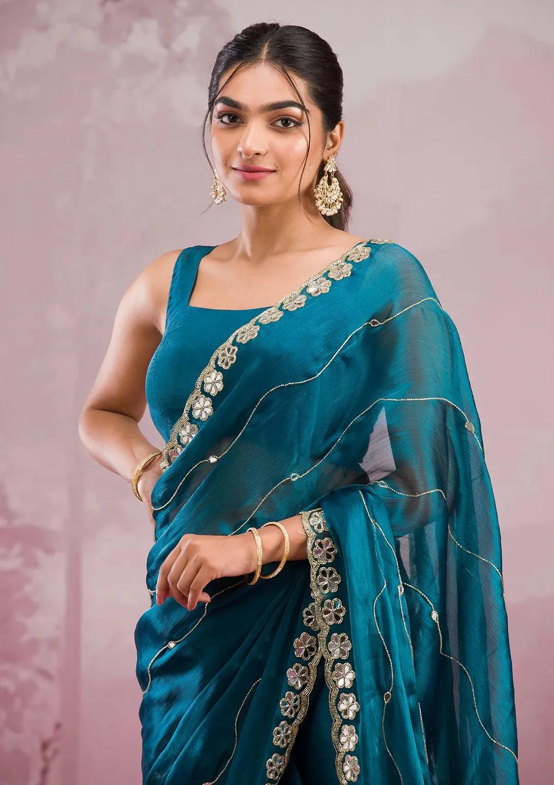 Party Wear Silk Saree with Mirror Hand Work & Embroidery - Image 2 in Surat
