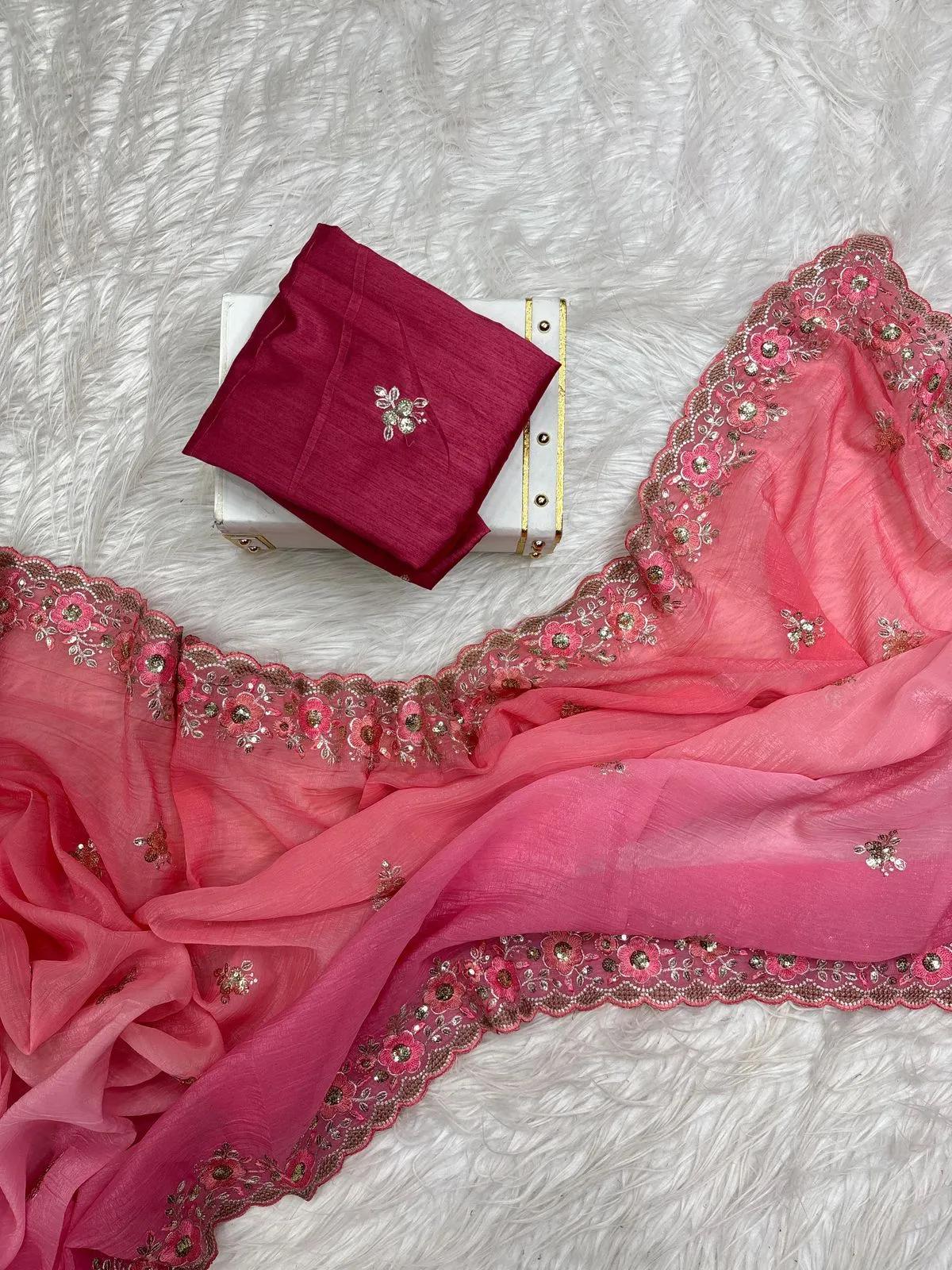 Embroidered Velvet Saree with Sequin Work & Matching Blouse - Image 4 in Surat