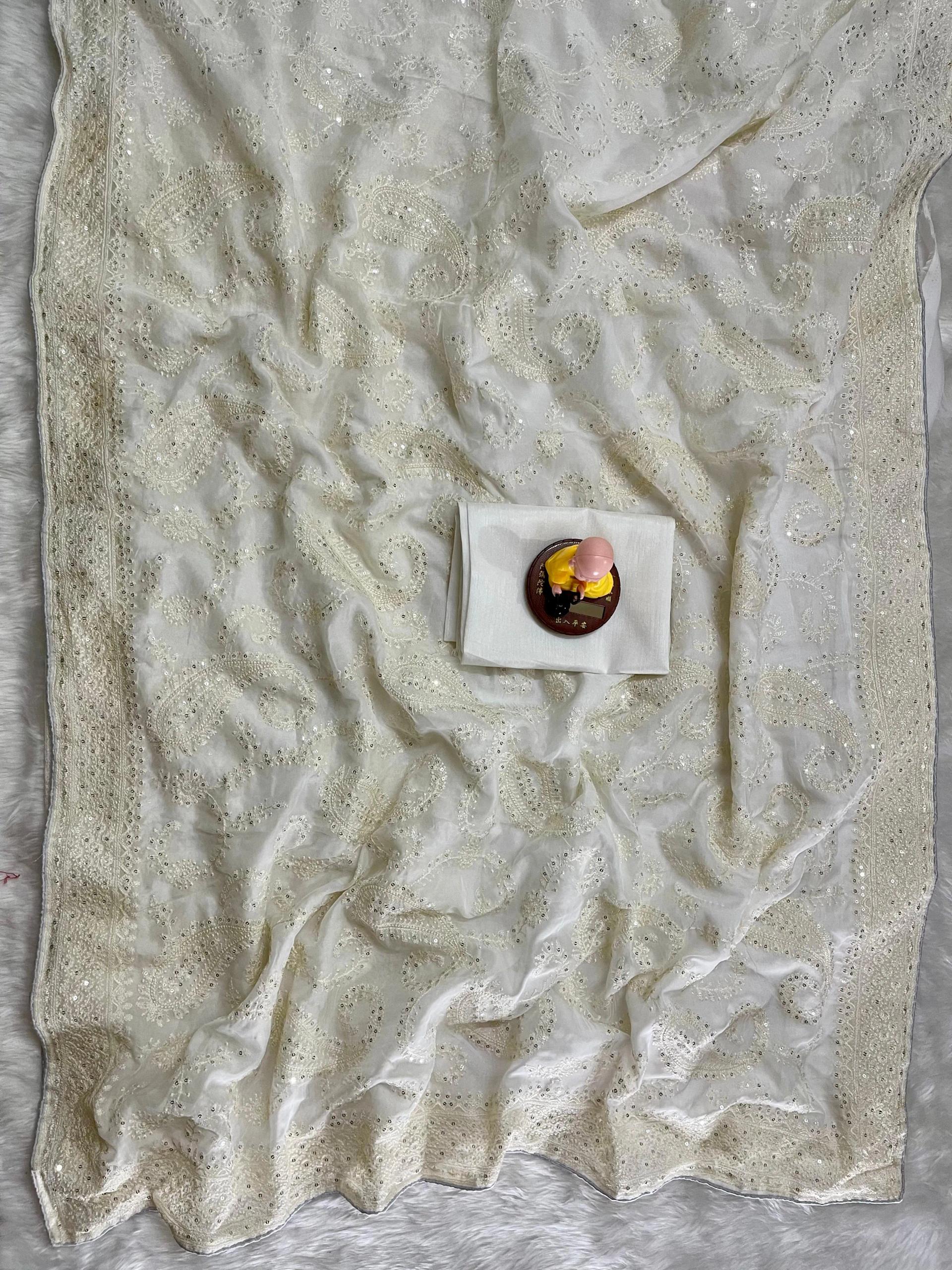 Organza Silk Saree with Sequence Embroidery & C Pallu Work - Image 4 in Surat