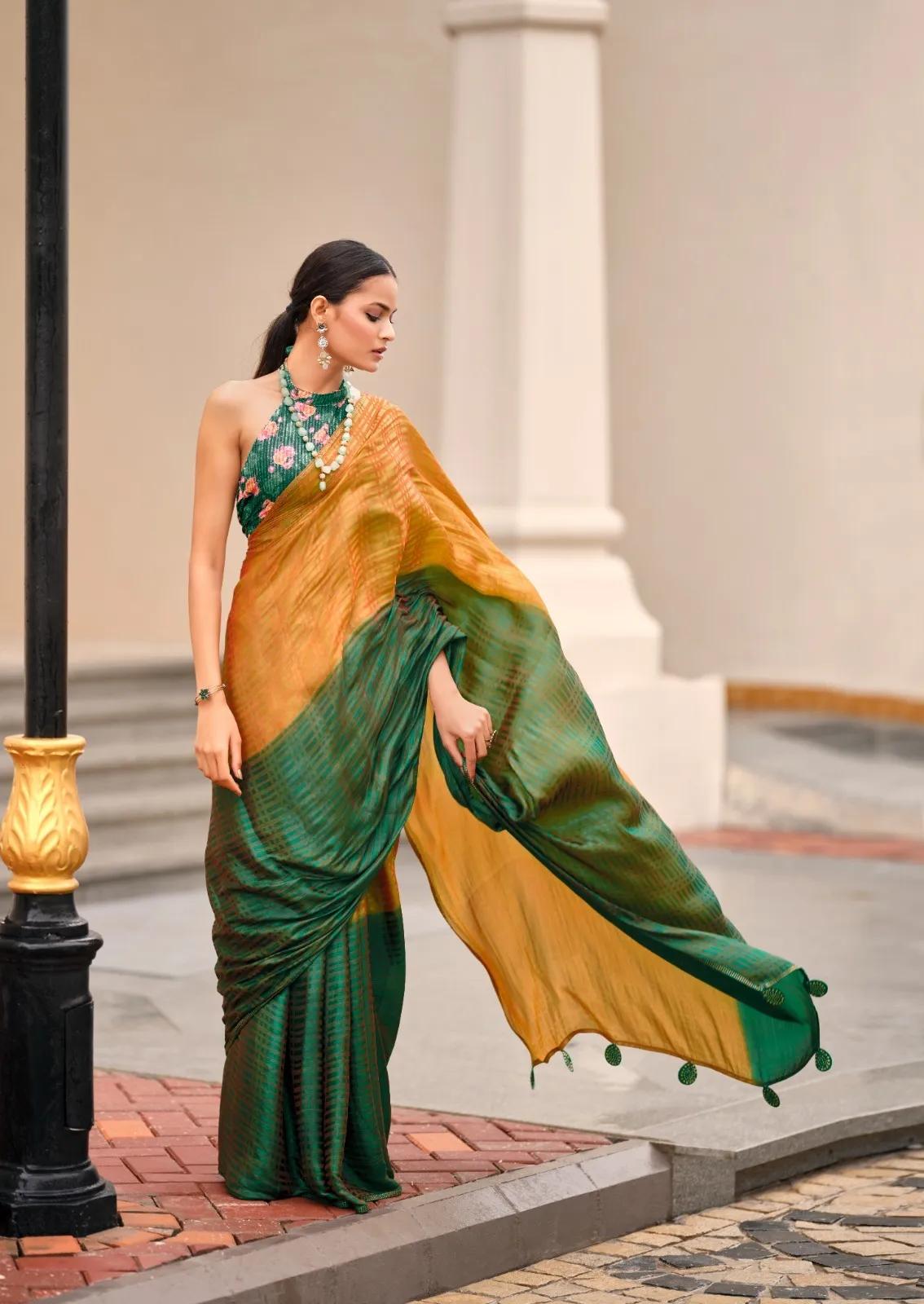 Satin Silk Saree with Swarovski Border & Digital Embroidery - Image 10 in Surat