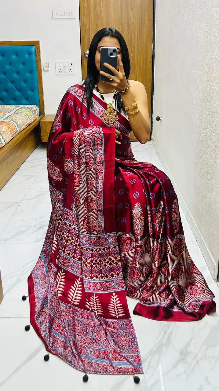 Semi Gajji Silk Saree with Ajrakh Bandhej Print Work - Image 80 in Surat