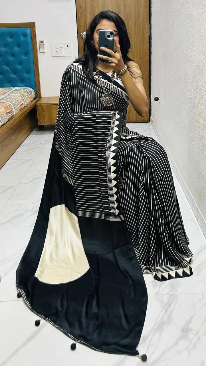 Semi Gajji Silk Saree with Ajrakh Bandhej Print Work - Image 82 in Surat