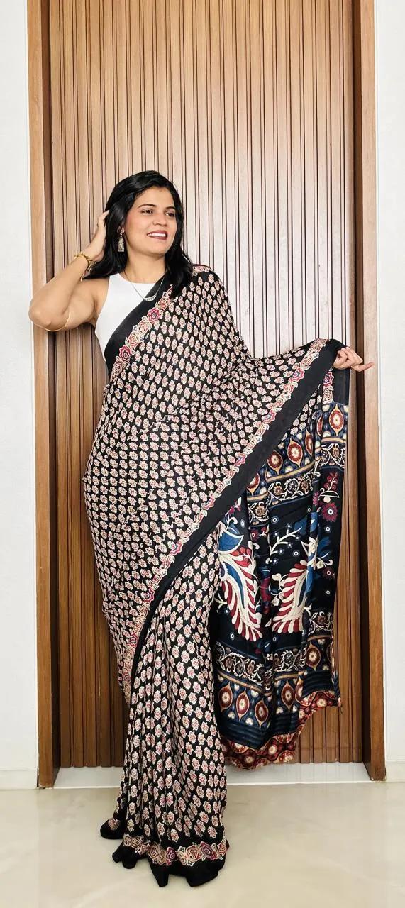 Semi Gajji Silk Saree with Ajrakh Bandhej Print Work - Image 66 in Surat