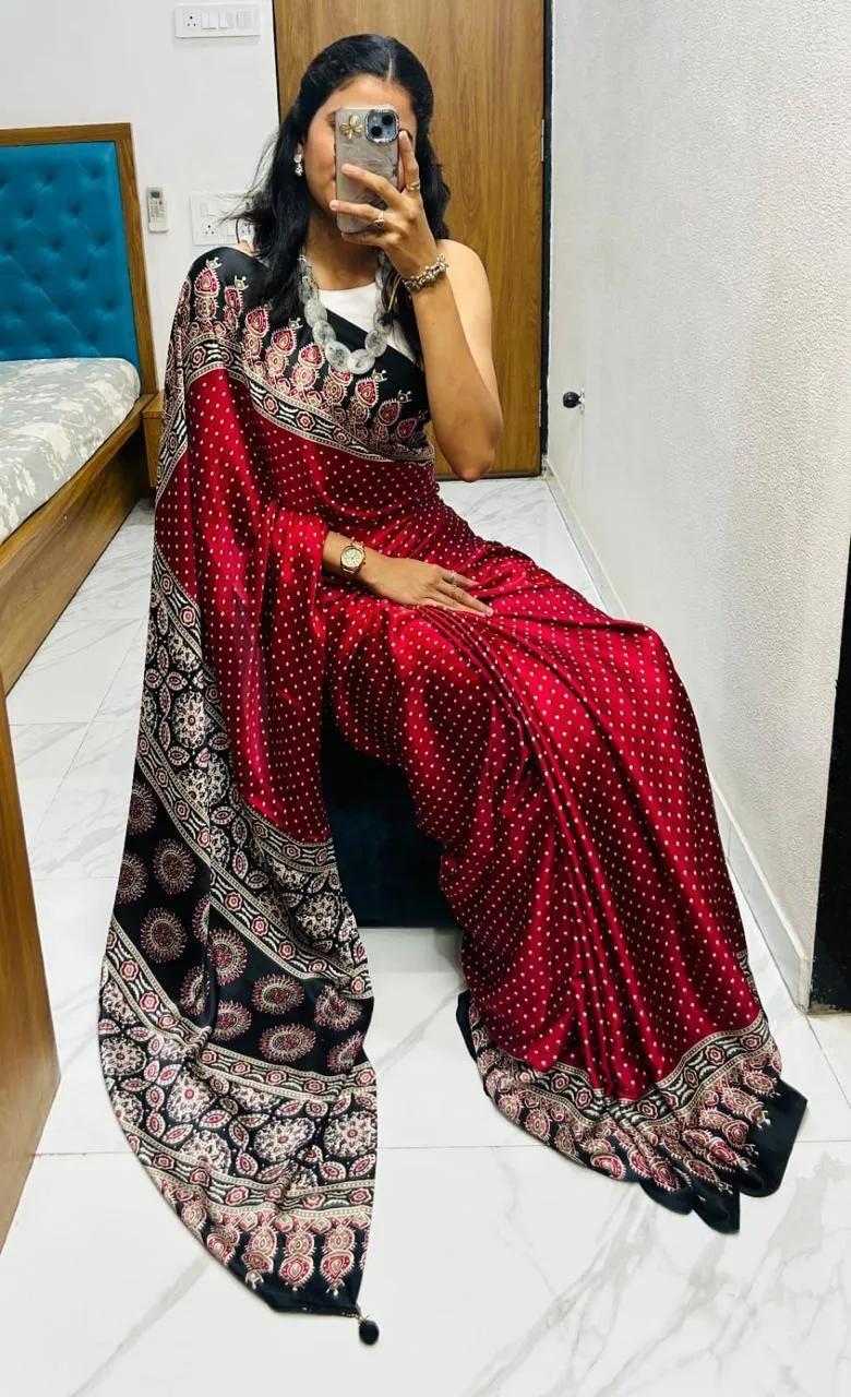 Semi Gajji Silk Saree with Ajrakh Bandhej Print Work - Image 68 in Surat