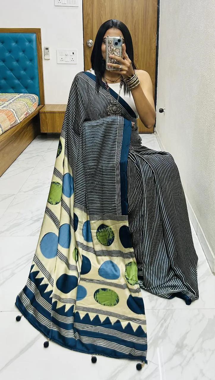 Semi Gajji Silk Saree with Ajrakh Bandhej Print Work - Image 48 in Surat