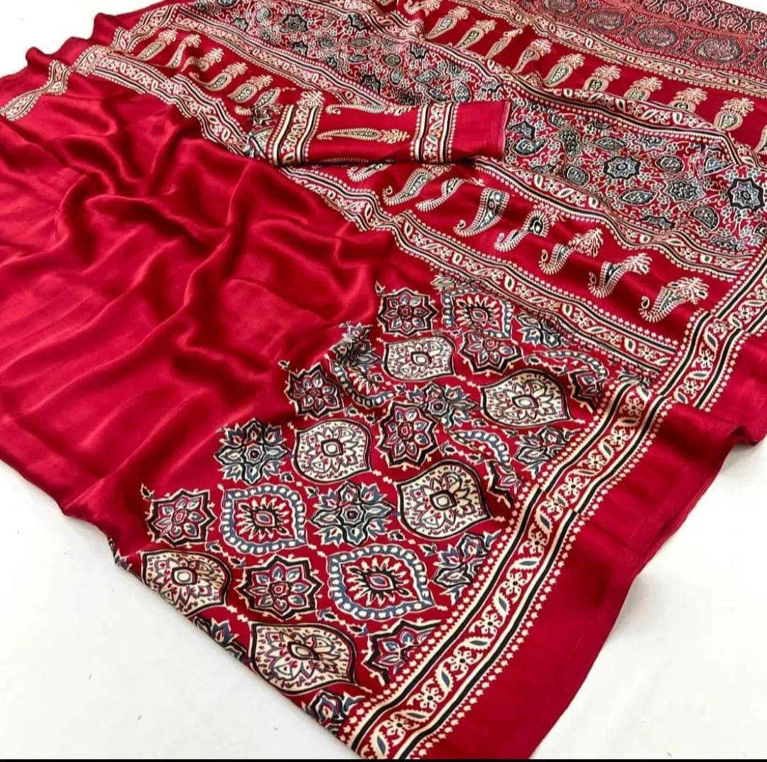 Semi Gajji Silk Saree with Ajrakh Bandhej Print Work - Image 20 in Surat