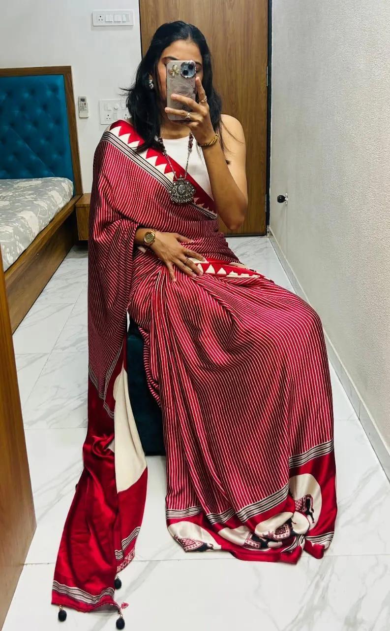 Semi Gajji Silk Saree with Ajrakh Bandhej Print Work - Image 52 in Surat