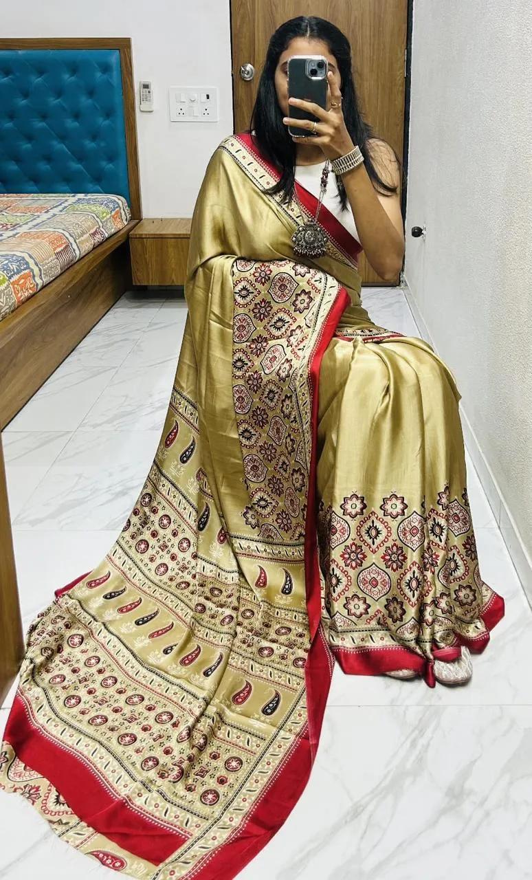 Semi Gajji Silk Saree with Ajrakh Bandhej Print Work - Image 72 in Surat