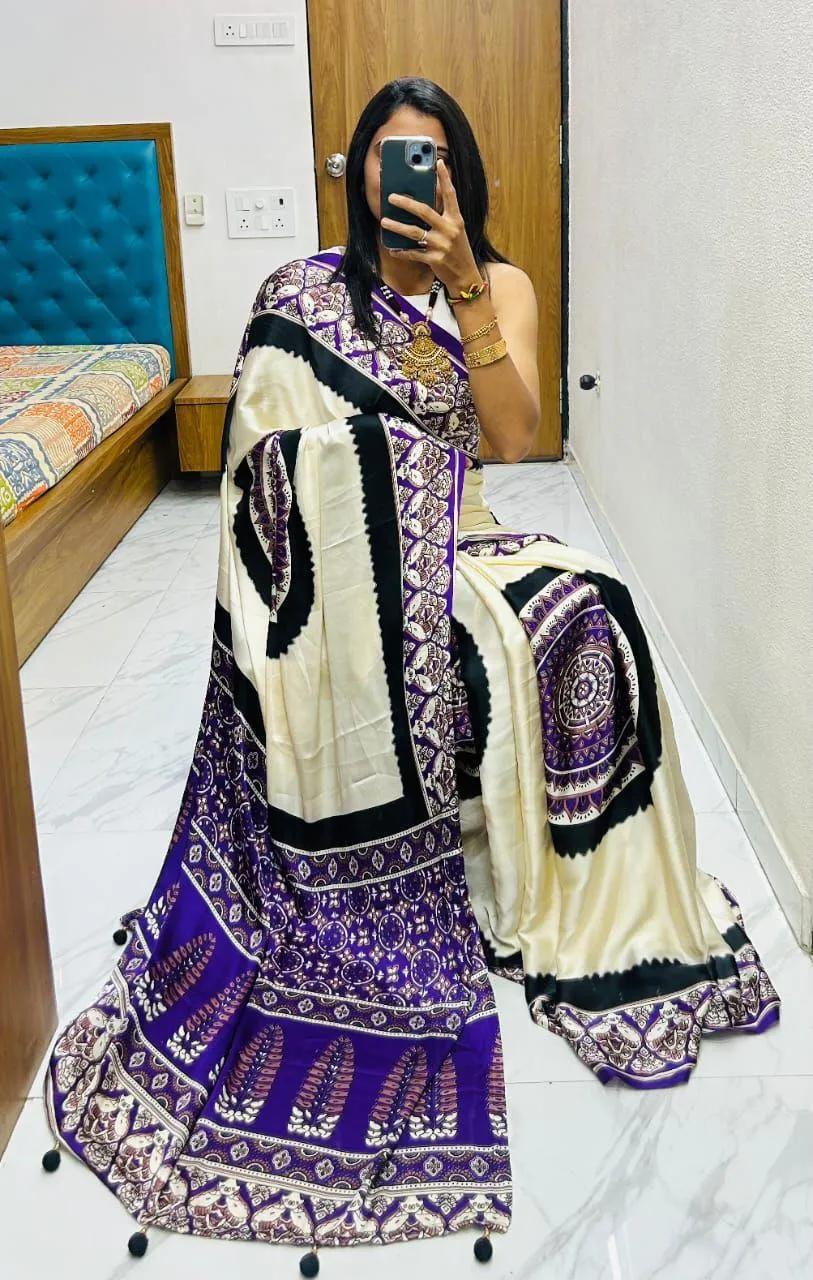 Semi Gajji Silk Saree with Ajrakh Bandhej Print Work - Image 53 in Surat
