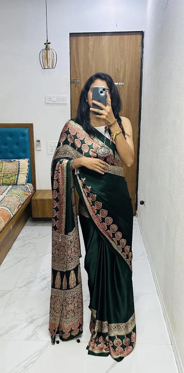 Semi Gajji Silk Saree with Ajrakh Bandhej Print Work - Image 24 in Surat