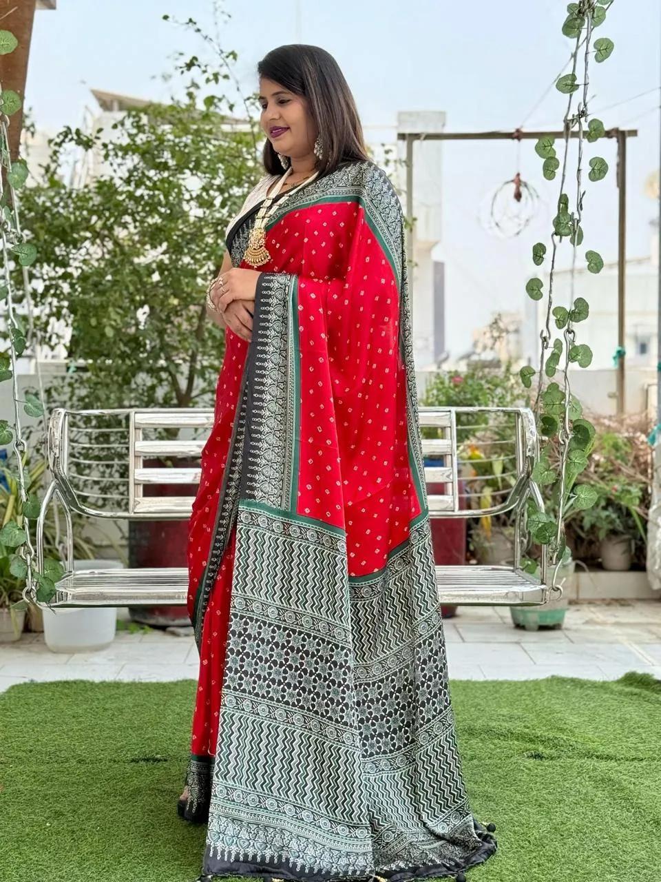 Semi Gajji Silk Saree with Ajrakh Bandhej Print Work - Image 23 in Surat