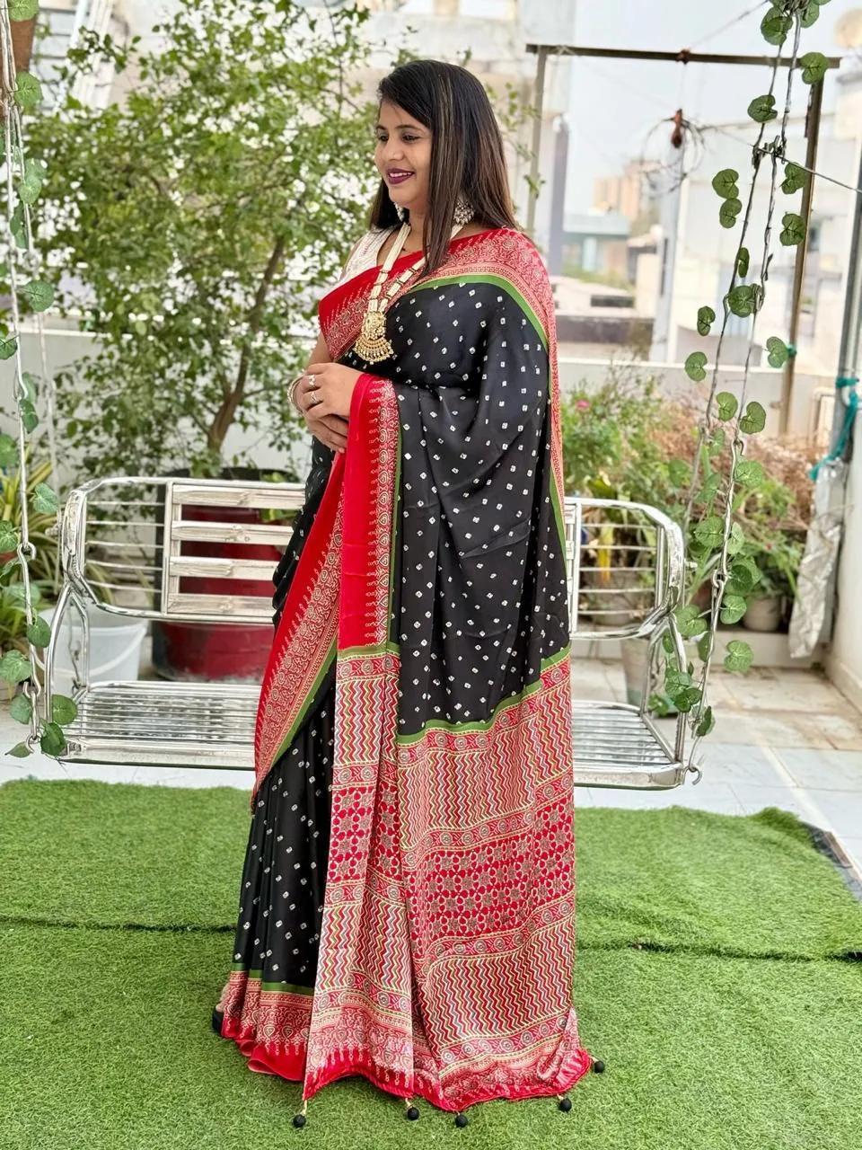Semi Gajji Silk Saree with Ajrakh Bandhej Print Work - Image 11 in Surat