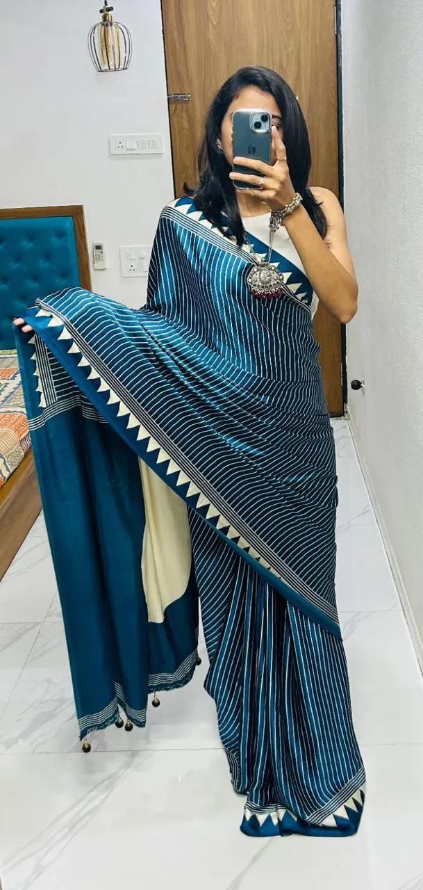 Semi Gajji Silk Saree with Ajrakh Bandhej Print Work - Image 26 in Surat