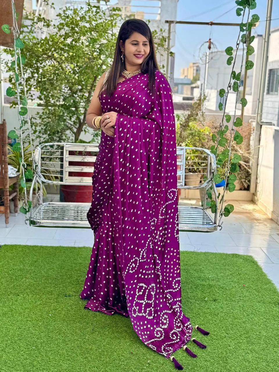 Semi Gajji Silk Saree with Ajrakh Bandhej Print Work - Image 12 in Surat