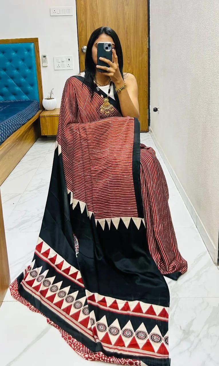 Semi Gajji Silk Saree with Ajrakh Bandhej Print Work - Image 34 in Surat